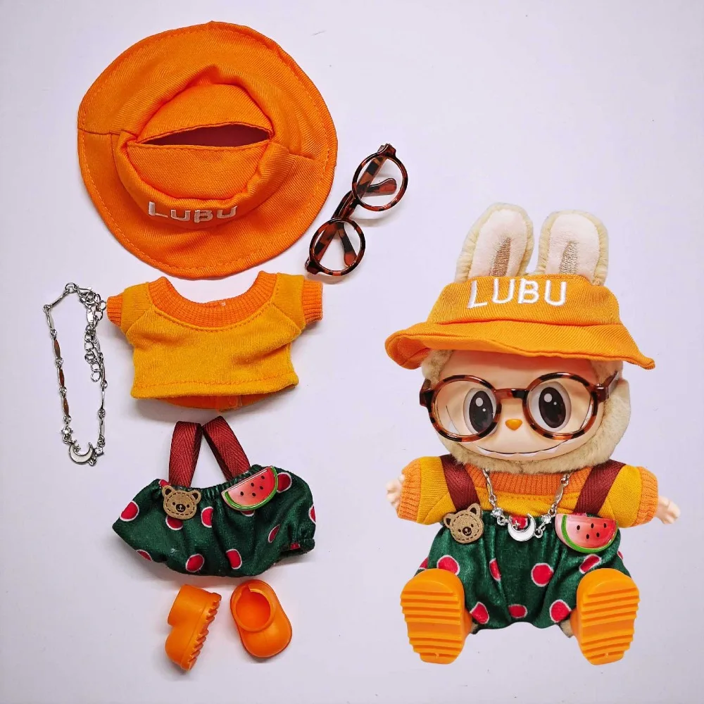 

15/17cm Labubu Doll Clothes Mini Doll Outfit Watermelon Overalls Dress Up Doll Accessories Sitting Party Changing Dress Game Toy