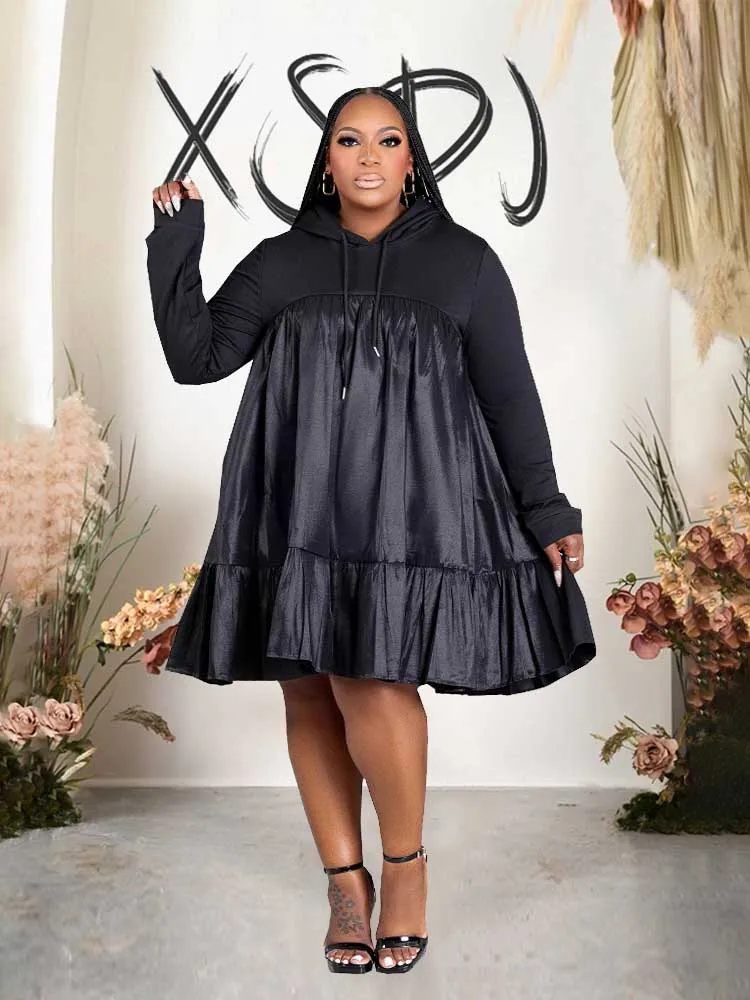 Women Plus Size Casual Autumn Dresses Patchworksweet  Preppy Hooded Dresses Knee Length Loose Waist Dress Wholesale Dropshipping
