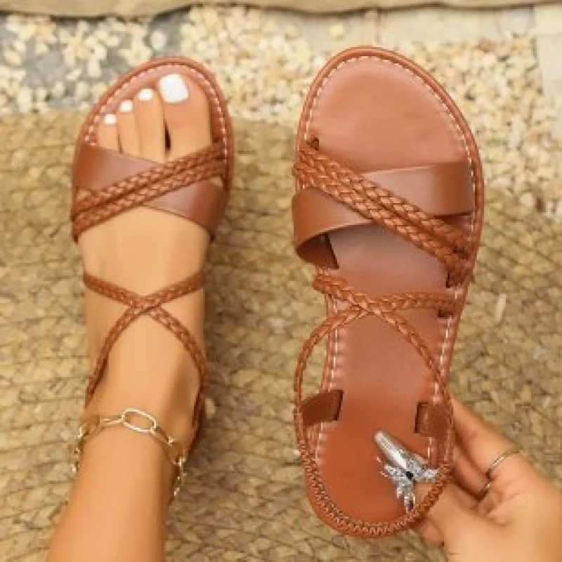 Women Beach Braided Brown Sandals Women Flats Casual Open Toe Sandalias Summer 2026 New Fashion Casual Walking Shoes