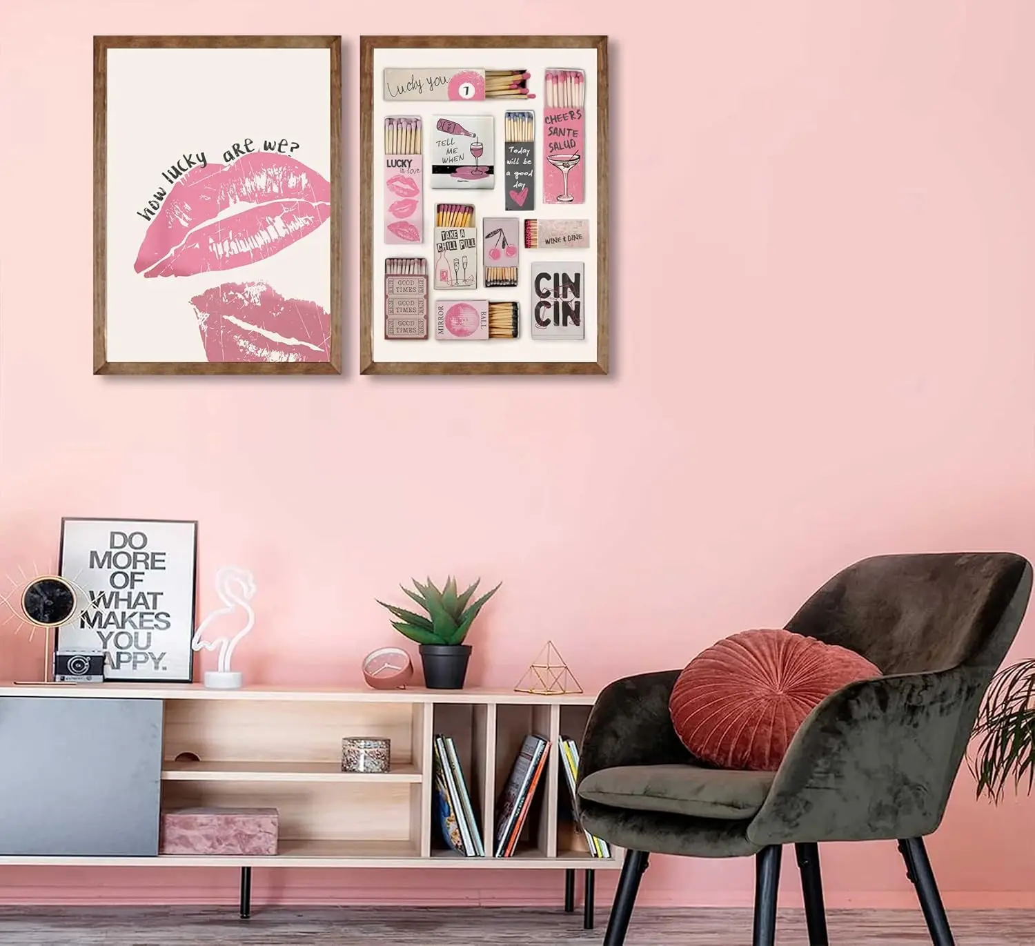 2PCS Retro Matchbox Lips Canvas Art Pink Aesthetic 'How Lucky Are We' Heart Posters Wall Decor Girl College Dorm Room Unframed