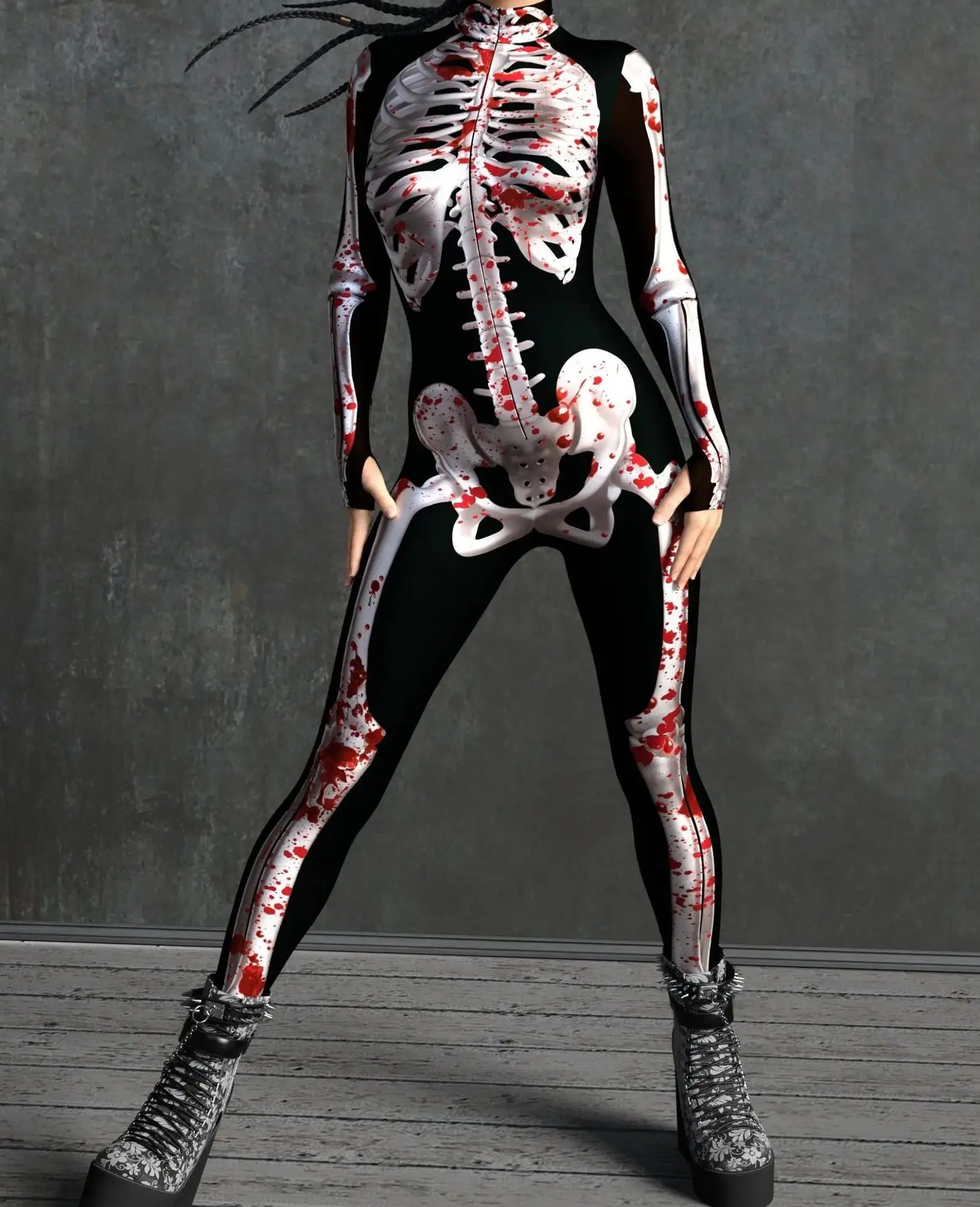 Halloween-Horror-Party Damen Sexy Mehrfarbiger Totenkopf-Print Jumpsuit Kleidung für Feiertagspartys, Maskenbälle und Bühnenauftritte – Detail 6