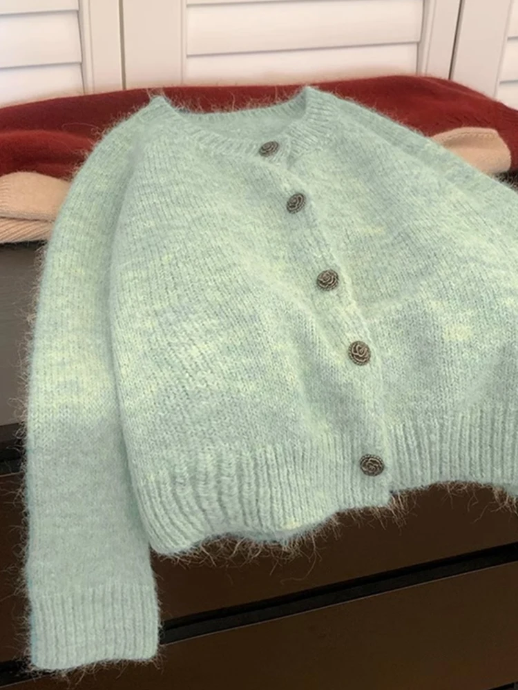 

Jmprs Soft Green Mohair Cardigan Sweaters Women Sweet Loose Knitted Coat Japan Preppy Style Female Long Sleeve Elegant Cute Tops