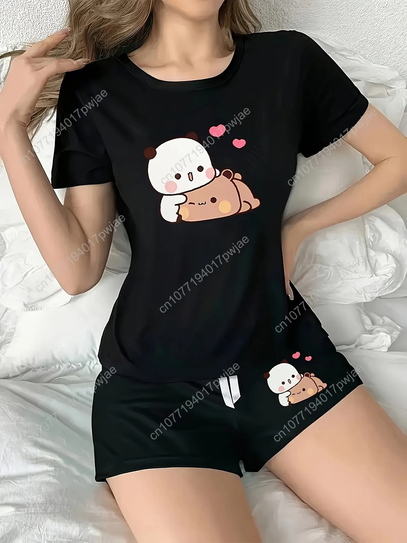 

Cute couple bear features fashion pattern black casual fashion loose sleep comfort crew neck top and shorts loungewear two-piece