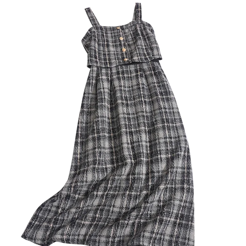 Hikigawa Vintage French Women Woolen Straps Dresses Spring Casual All Match Plaid Elegant Slim Waist Maxi Vestidos Mujer