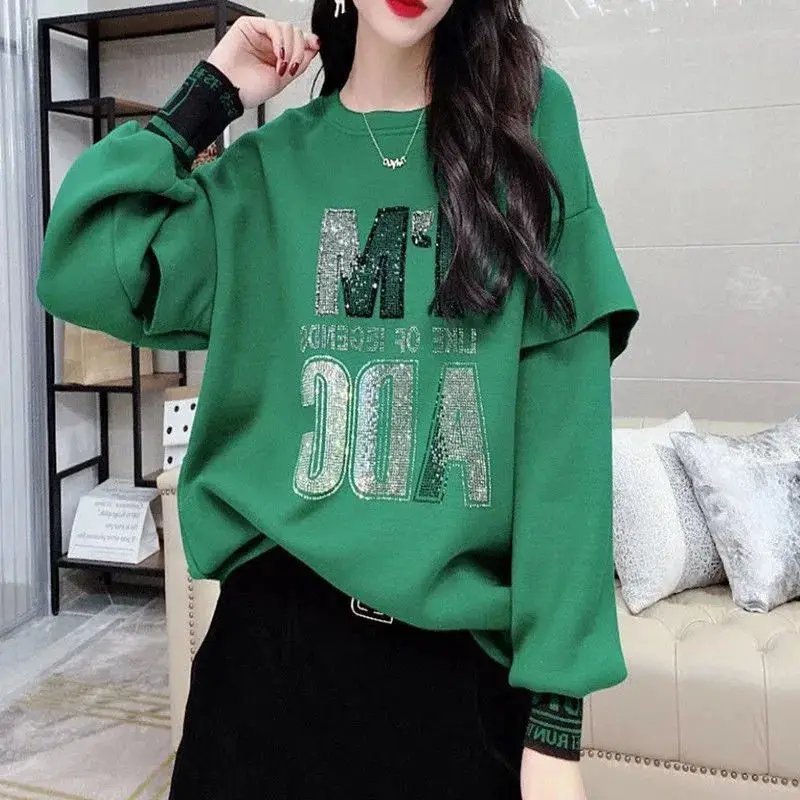 Fashion Fake Two Pieces Letter Diamonds Tops Women\'s Clothing Korean Loose Round Neck Solid Color Sweatshirts Spring Autumn