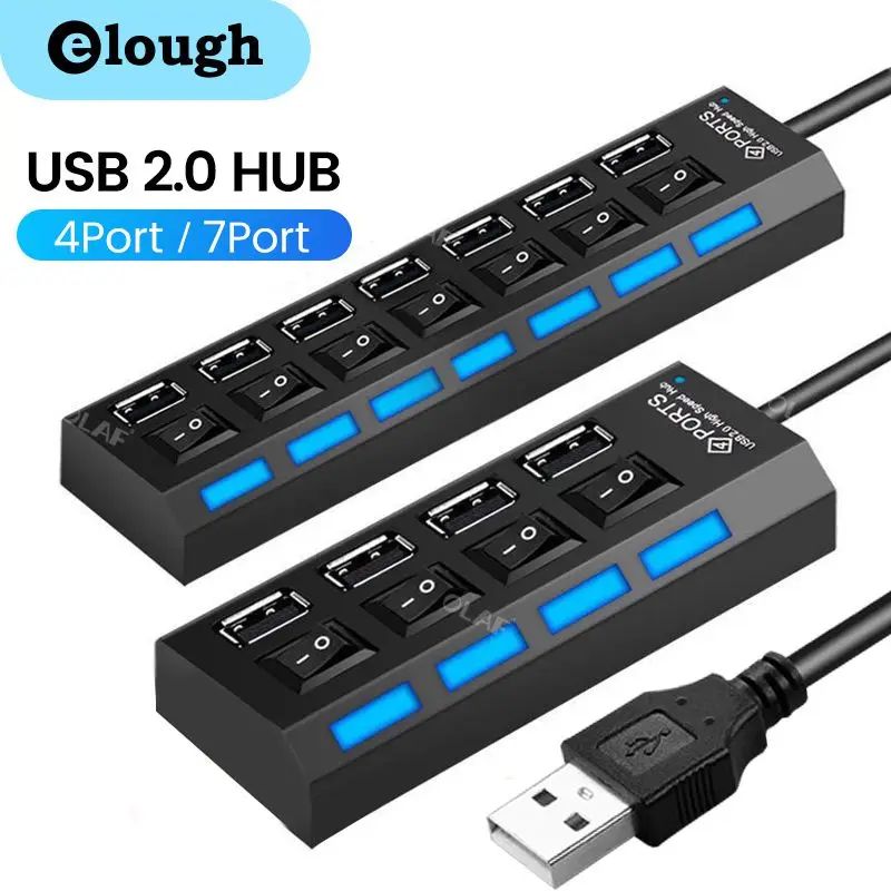 Elough USB HUB 2.0 Adapter Expander 4/7 Ports Multi Splitter Extender with LED Lamp Switch For Xiaomi Huawei Lenovo Macbook PC