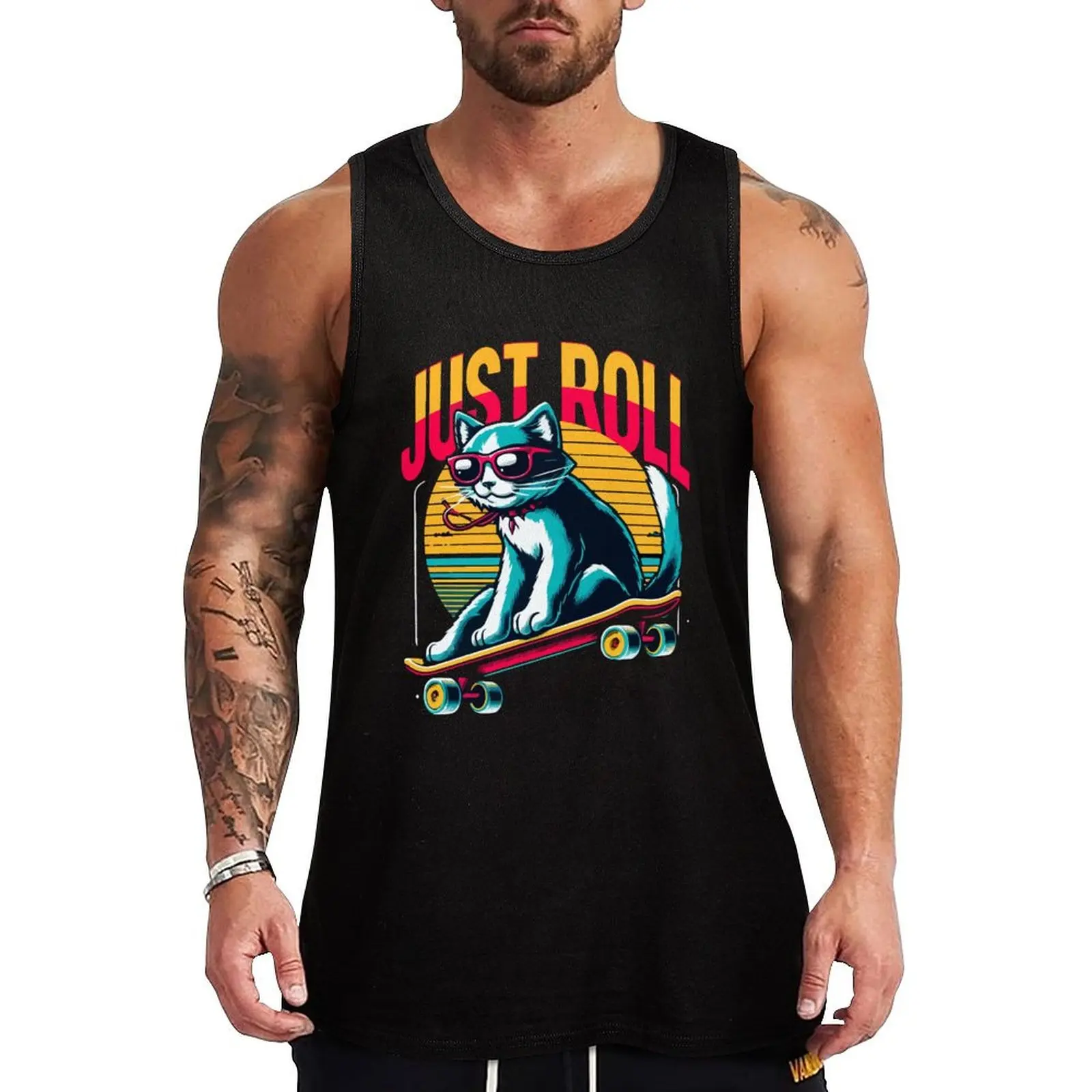 

Just Roll Cat Tank Top Muscle Fitness Tank Top Sleeveless Athletic Workout