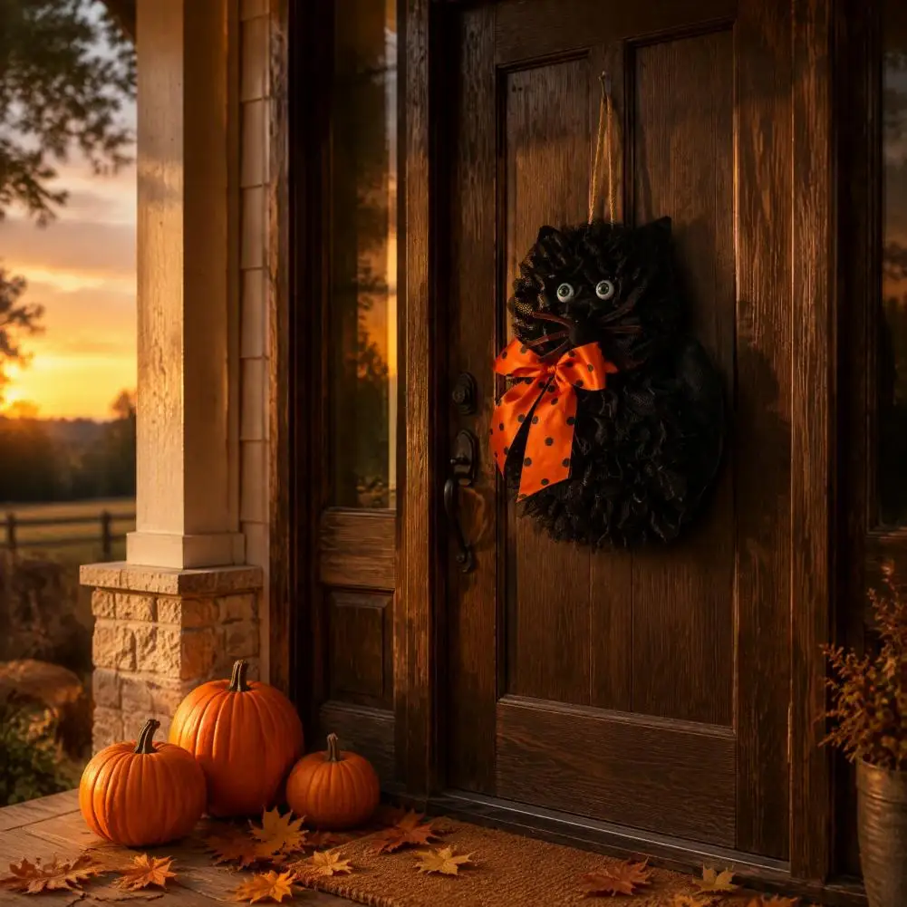 Halloween Cat Wreath, Cute Black Cat Shape Door Hanging Ornament, Glitter Tinsel Wreath with Bow for Mantel, Wall, Window, Porch