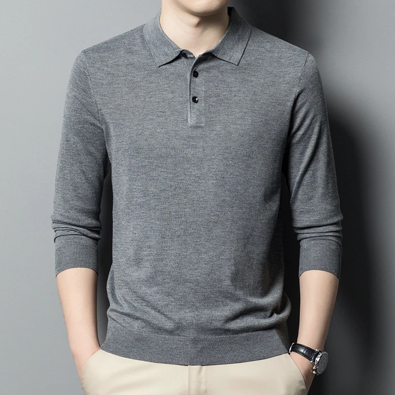 Worsted wool Men POLO Neck  Pullover Long Sleeve Lapel Sweaters Loose Warm Knitted Tops Spring Autumn New Style Men’s Clothing