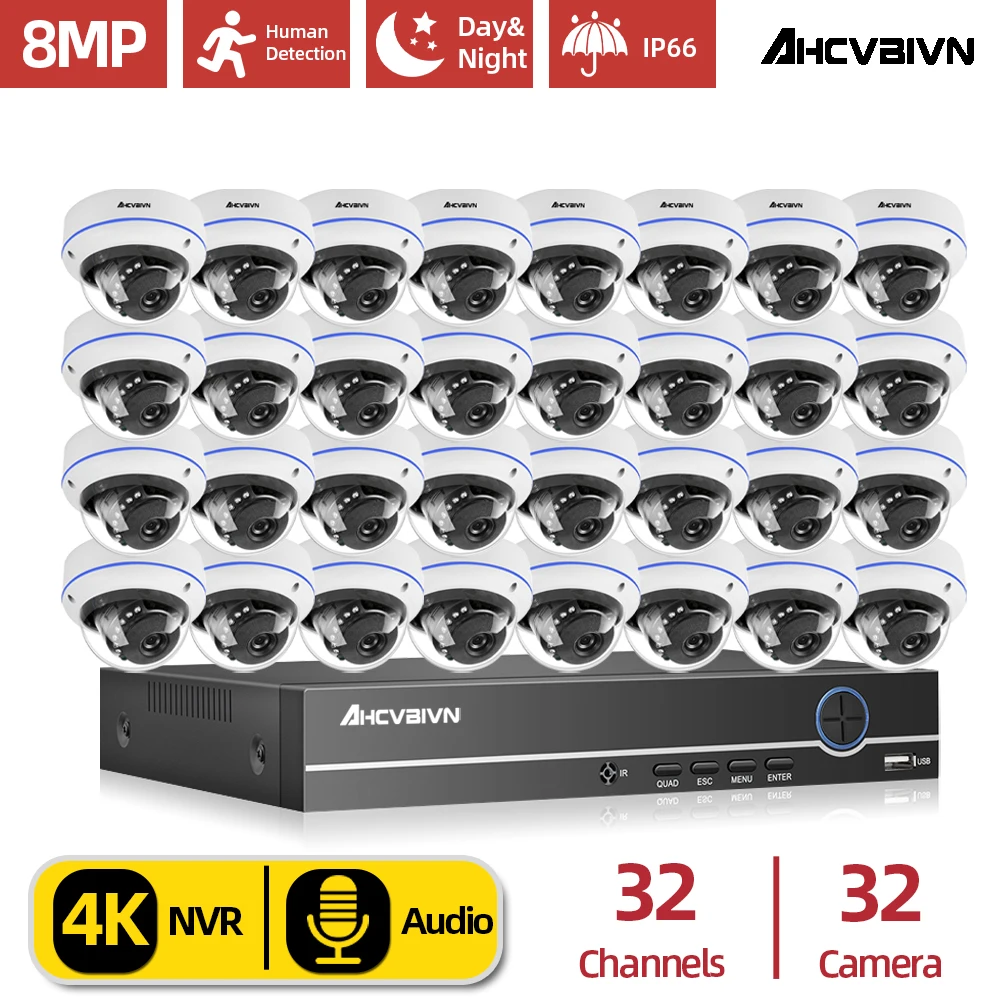 

AHCVBIVN 32 Channel 4K NVR 8MP Outdoor CCTV POE Camera System 4K Audio Record Vandalproof Dome Camera Video Surveillance Set