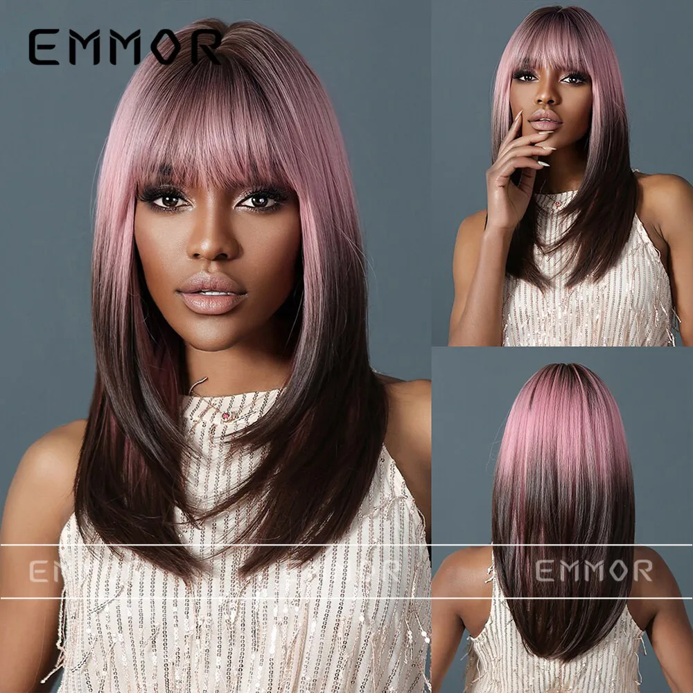 Pink gradient dark brown wig, full set of straight hair with bangs, fashionable women's wig, trendy black and gold