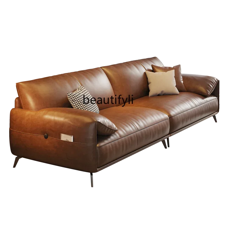 

Italian light luxury leather sofa living room simple first layer cowhide straight row oil wax leather sofa