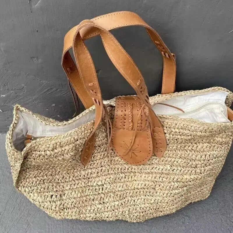 Straw Tote Bags For Women Luxury Designer Handbag And Purse 2023 New In Handmade Weave Large Capacity Shoulder Casual Beach Bag