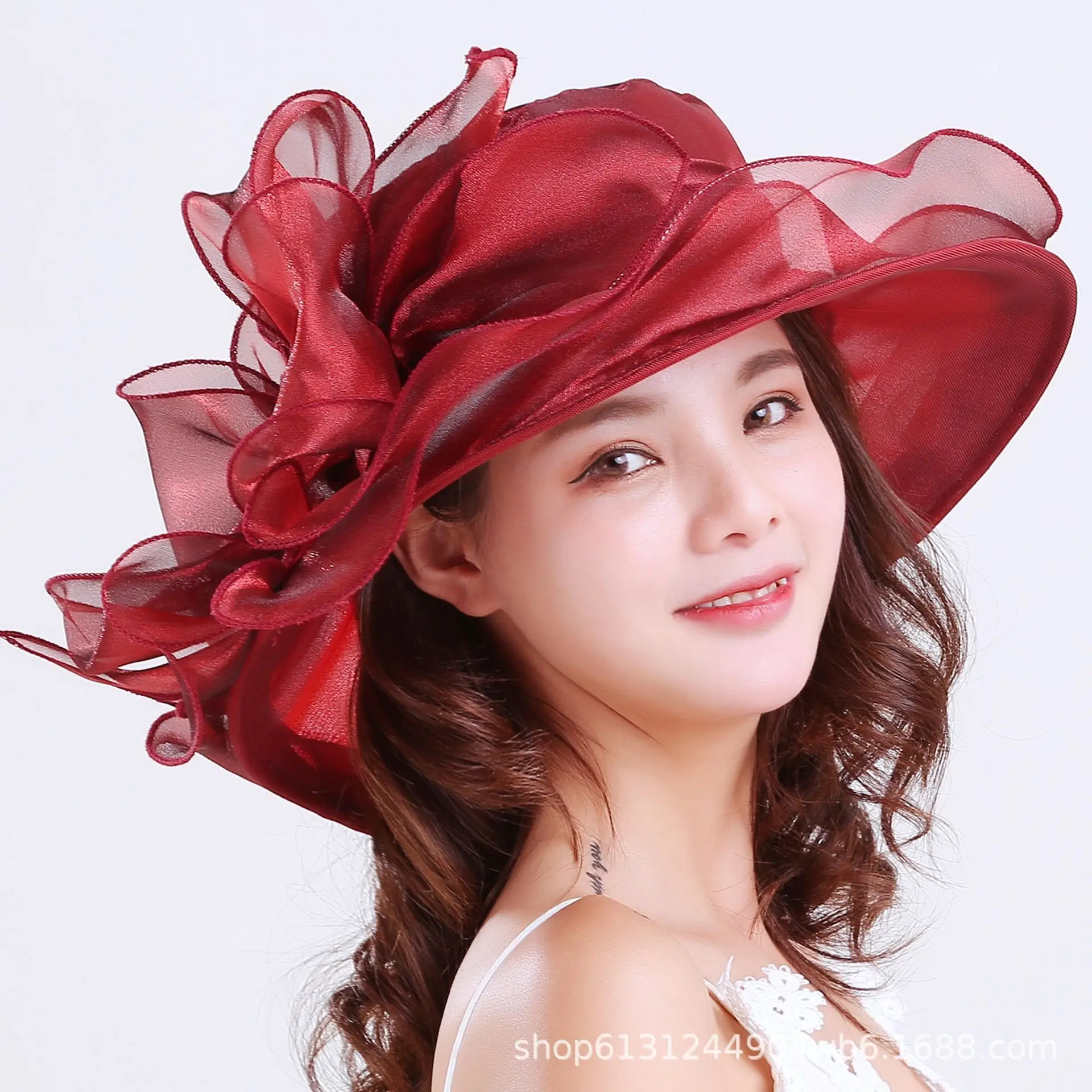 Flower Bow Sun Hats for Women Fashion Beach Organza Tea Party Hats Elegant Ladies Church Kentucky Derby Fedoras Hats