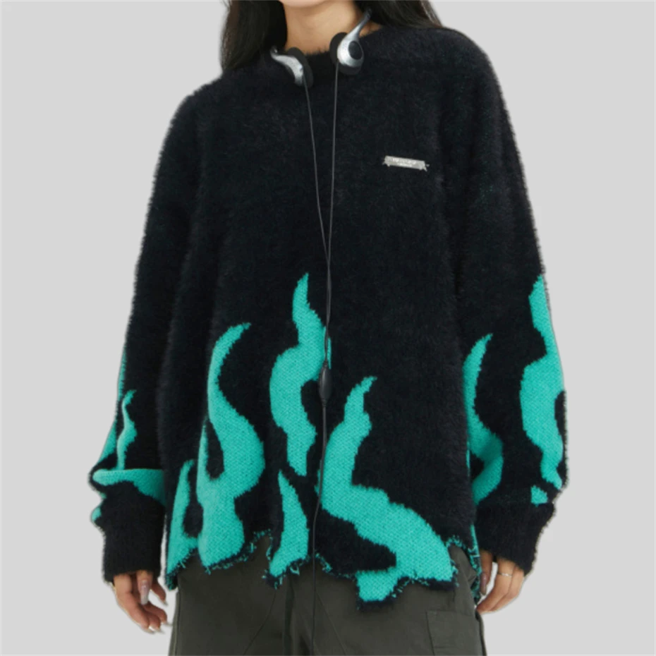 Men Mohair Sweater Y2K Hip Hop Knitted Flame Fire Irregular Cozy Jumpers Grunge Harajuku Loose Punk Gothic Pullover Sweaters