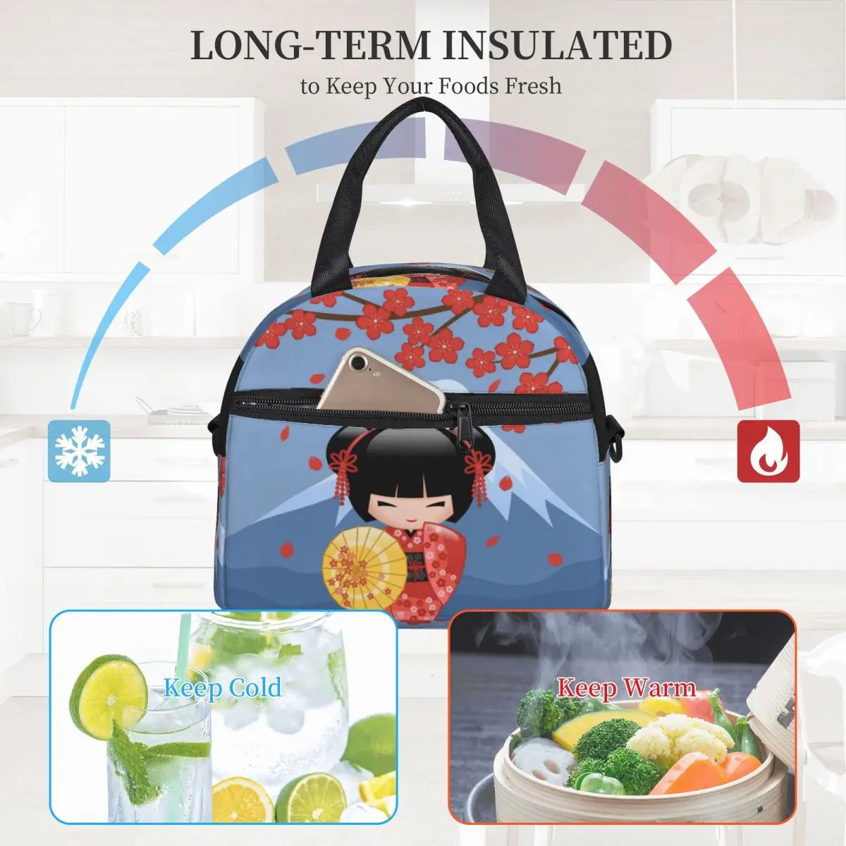 Lunch Bag com isolamento térmico com alça de ombro ajustável, sacola portátil para comida, boneca Sakura Kokeshi vermelha, grande, japonesa