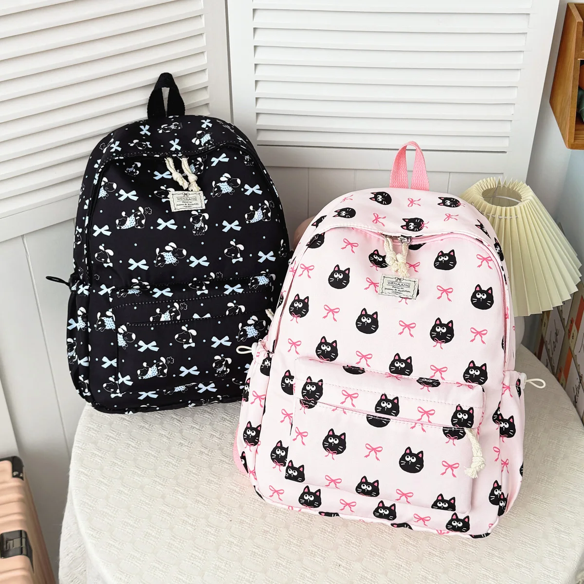 Cute Bow Cartoon Animal Pattern Girl Backpack Lightweight Nylon Large Capacity Multifunctional Student Backpack Campus Outdoor