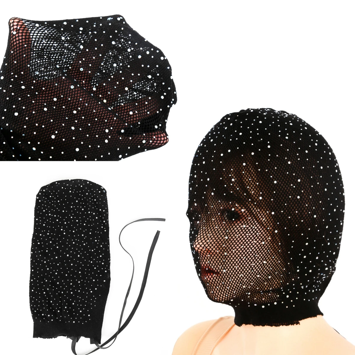 Unisex Black Lace Head Mask with Bling Colored Diamonds Sexy Face Cover for Cosplay Party Ball Performance Unique Mask Headgear