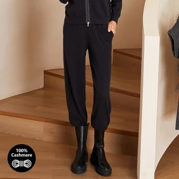 BC-210-pantalones de cachemir para mujer, ropa de lujo con cintura elástica, Color sólido, informal, 100%
