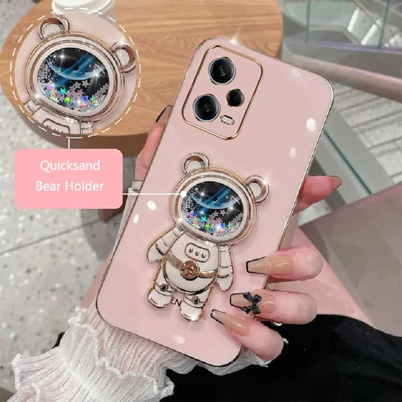 Phone Case For Xiaomi Redmi Note 12 5G Poco X5 Soft Silicone Luxury Plating Cartoon Bear Fold Stand Phone Case Cover