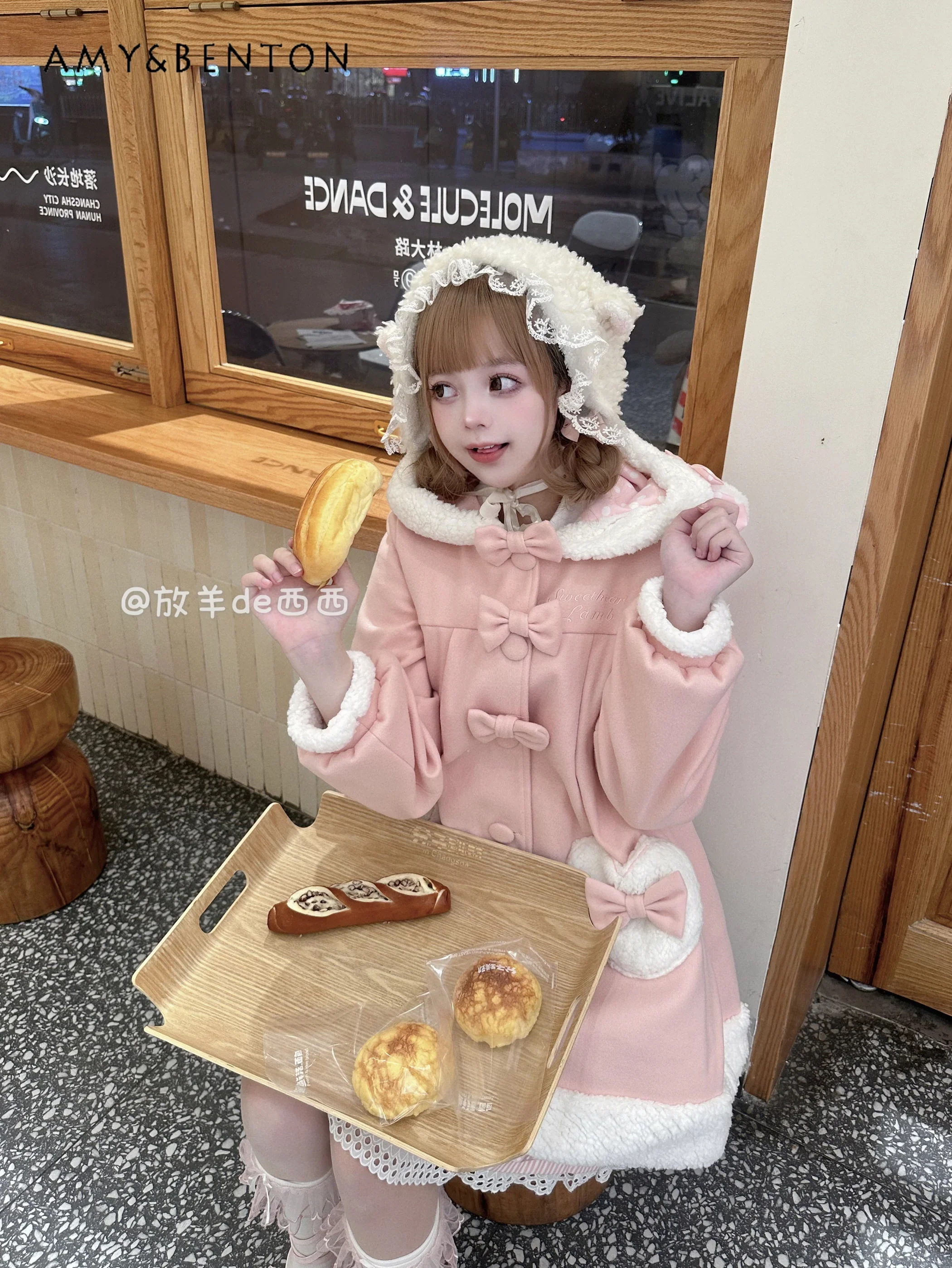 Original Kawaii Pink Wool Rabbit Ear Hooded Coat Women Sweet Cute Princess Lolita Jacket Bow Single-breasted Tutu Woolen Coat