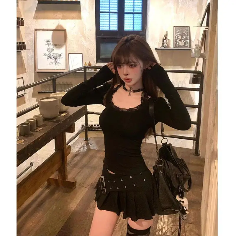 Sexy Slim Fit Lace O-neck Long Sleeve Black Tops Women+ Y2k High Waist Ruched A-line Skirts 2024 Autumn New Two Piece Asets