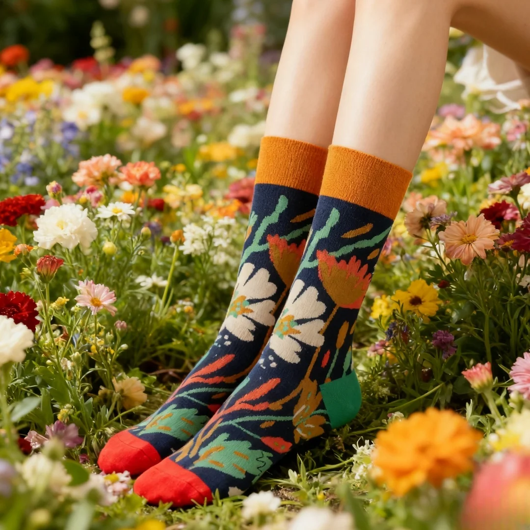 1 Pair of Mid-calf socks with a Retro-inspired floral pattern, Oil Painting-inspired Color Palette, Suitable for all seasons.