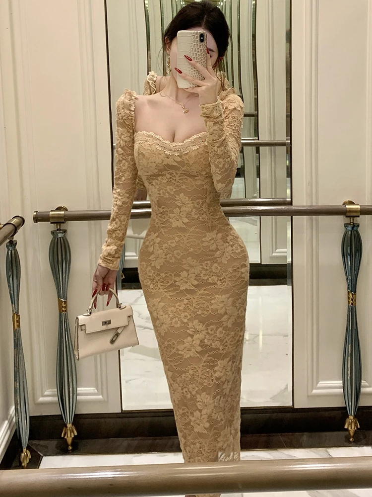 2025 New Lace Jacquard Floral Sqaure Collar Sexy Long Dress Autumn Winter Korean Bodycon Dress Women Elegant Luxury Party Dress