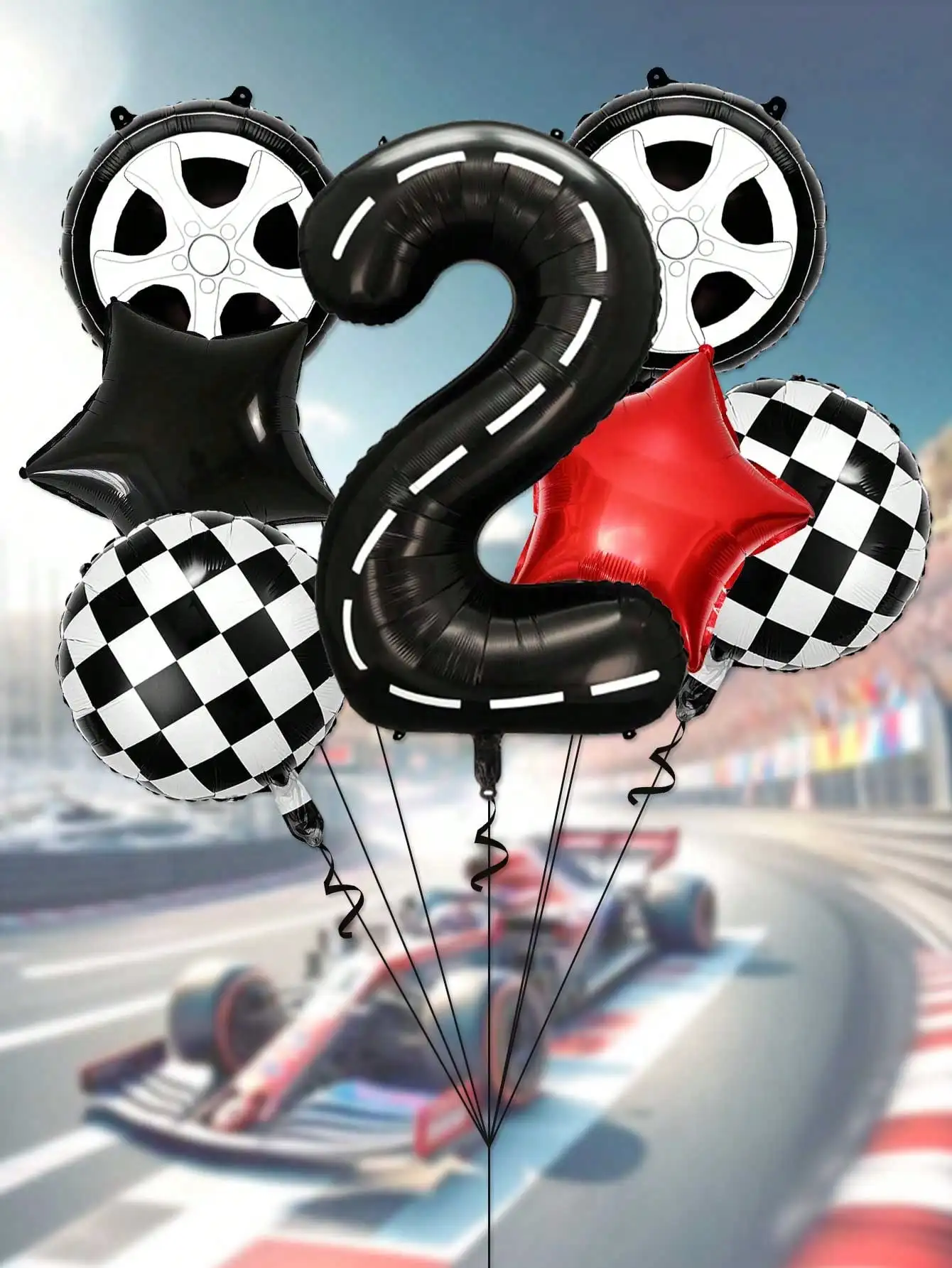 

7pcs Racing Theme Foil Balloon Set with Number 2, Tire, Star & Checkered Flag for Birthday Party Decor