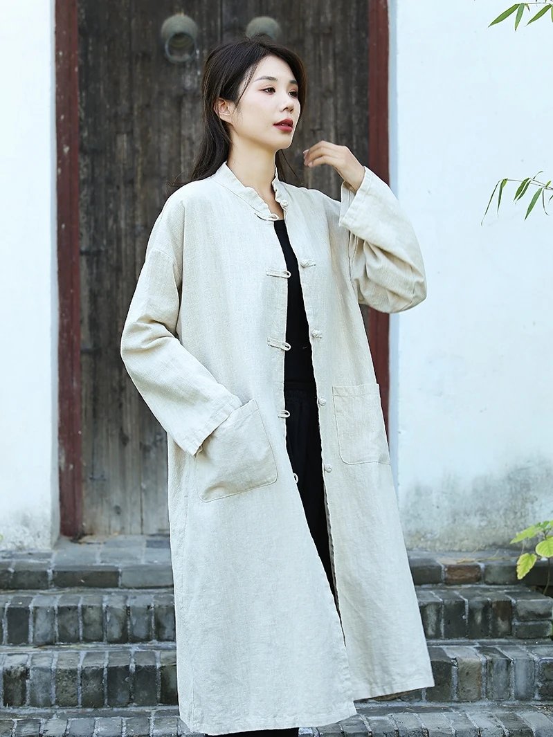 New Chinese Style Women's Windbreaker Zen Clothing Hemp Material Button Design Retro Collar Long Sleeve Mid-Length Coat