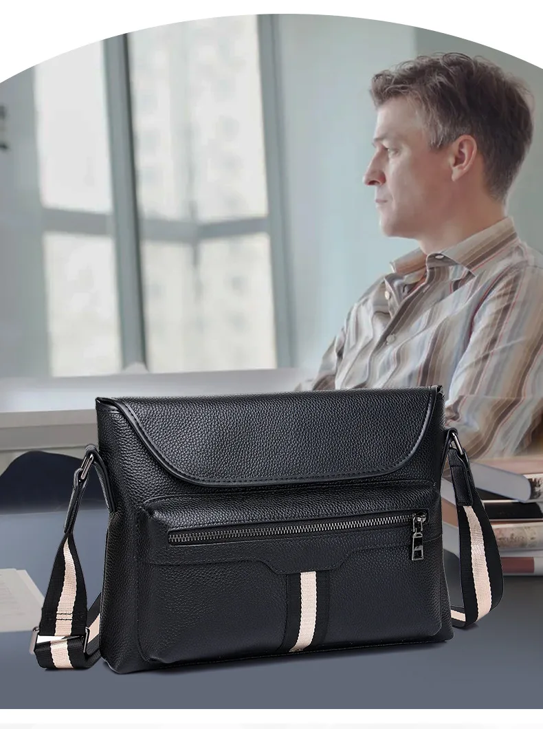 Large-capacity crossbody bag for men, multi-pocket genuine leather horizontal square business travel single-shoulder backpack