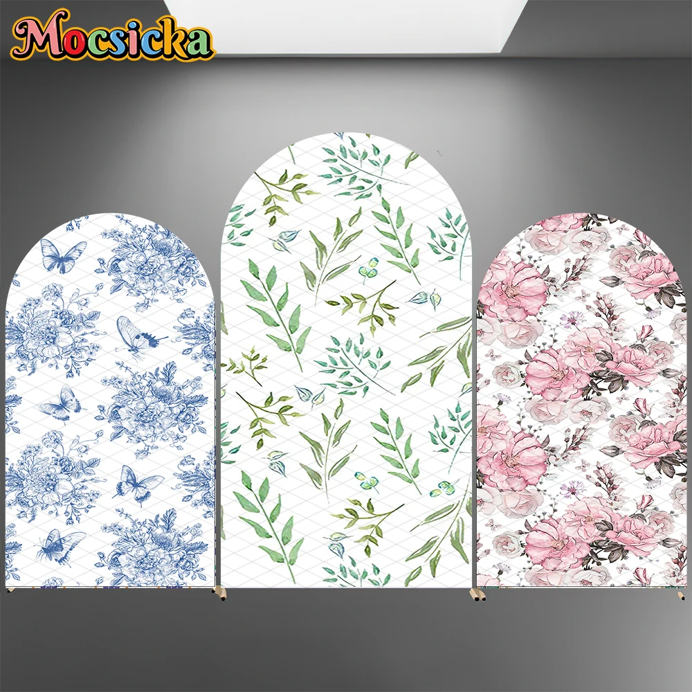 Mocsicka Arch Covers Backdrop Double-Faced Green Leaves Red Blue Flowers Decorations Wedding Arched Backgrounds Studio Photocall
