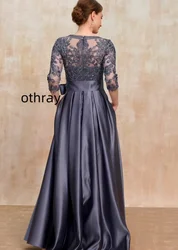 Othray A-line Scoop Illusion Floor-Length Lace Satin Mother of the Bride Dress With Bow Sequins vestidos de novia 2024