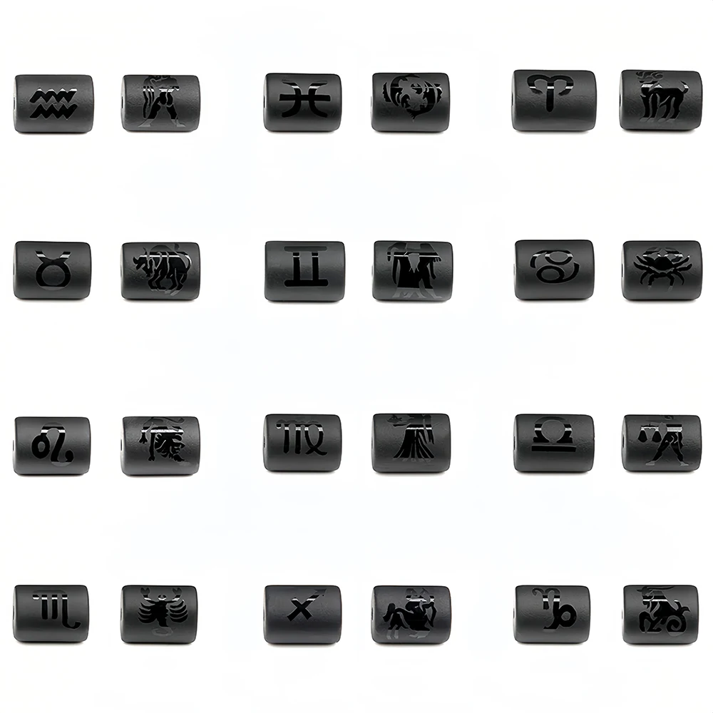 12 Zodiac Beads Charms Matte Black Onyx Constellation Beads Cylinder Pendant For DIY Making Jewelry Findings Bracelets Neckalces