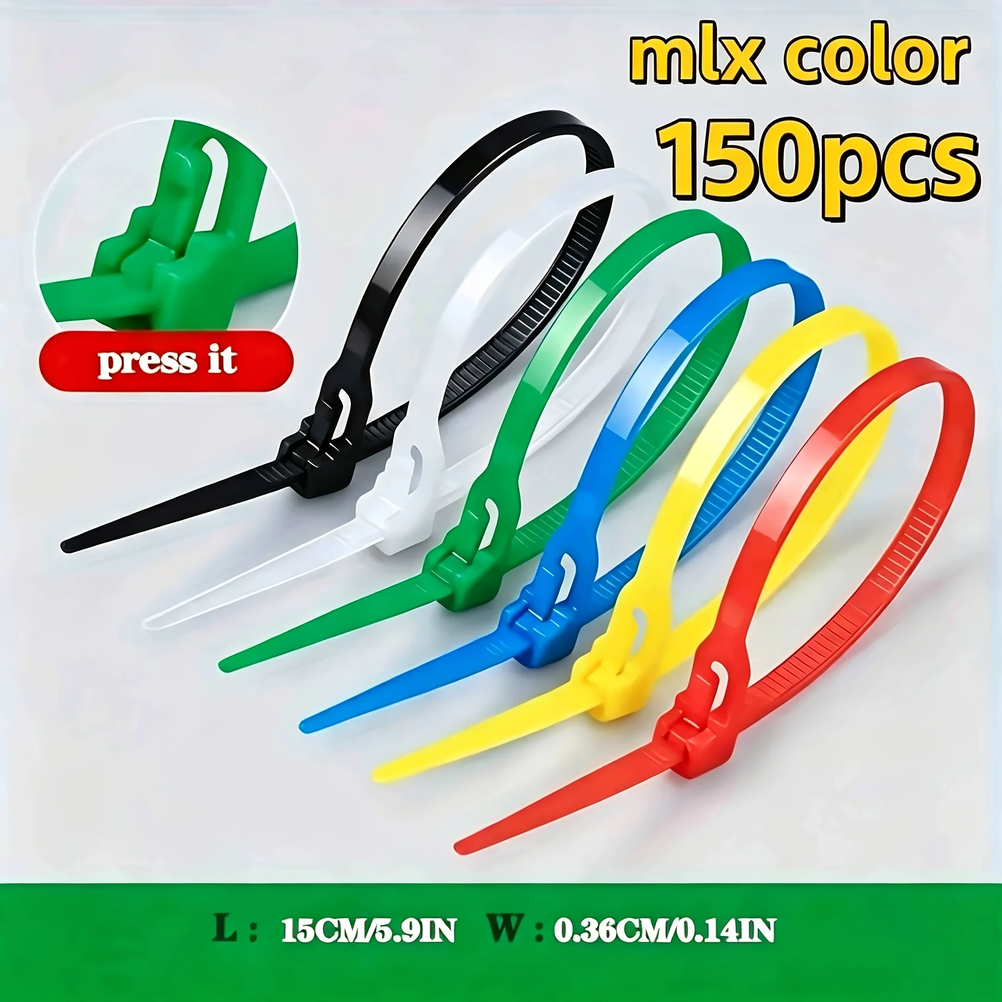 15pcs color cable ties 15cm reusable self-locking plastic cable ties for household wire storage, bundling and fixing cable ties
