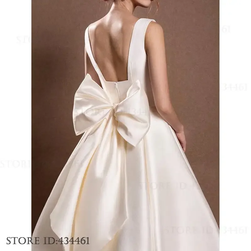 우아한 새틴 신부 웨딩 파티 드레스 여성 섹시 이브닝 파티 드레스 섹시 백리스 큰 리본 여성 베스티도 로브 드 소아레