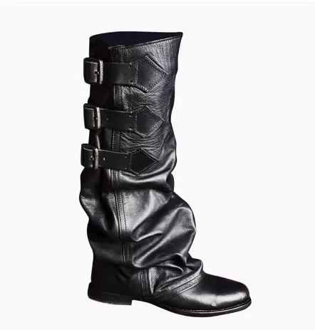 Outside Low Heel Design Buckle Leather Knight Boots Lady Round Toe Pleated Knee High Boots Biker 2024 Gladiator Women Punk Shoes