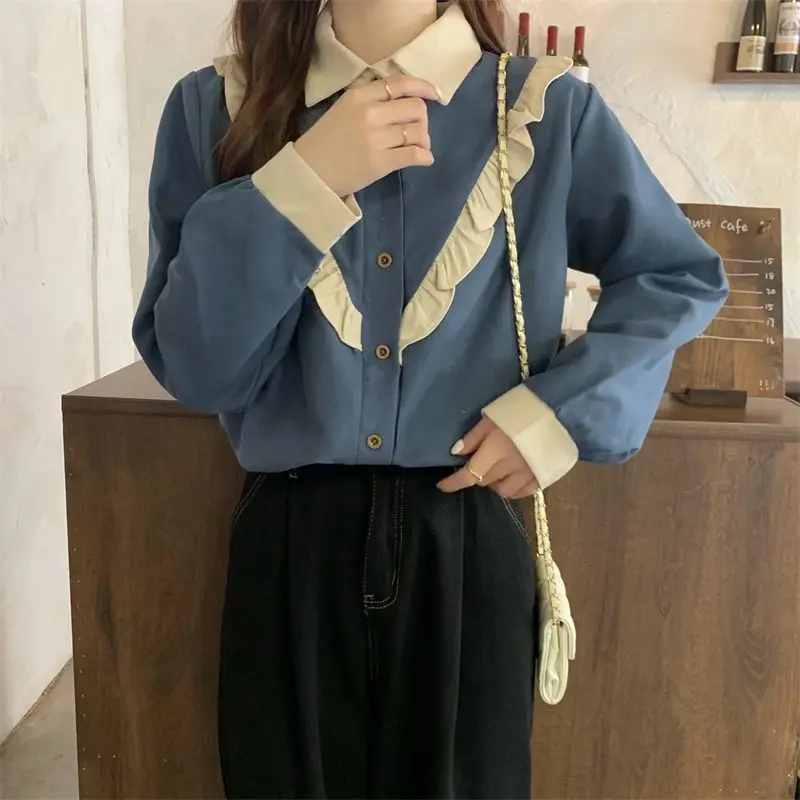 Langarm-Shirts für Damen, Chiffon, gerüscht, Knopfleiste, Blusen, Drehkragen, schmale Passform, feminin, französischer Stil, lässig, Herbst-Looks