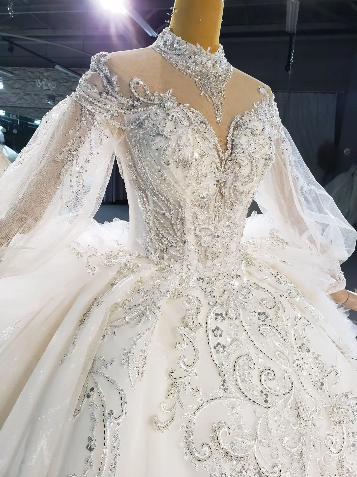 Customized High Neck Crystals Lace Embroidery Puffy Princess Church Bridal Gown Long Sleeves Corset Back Ballgown Wedding Gowns