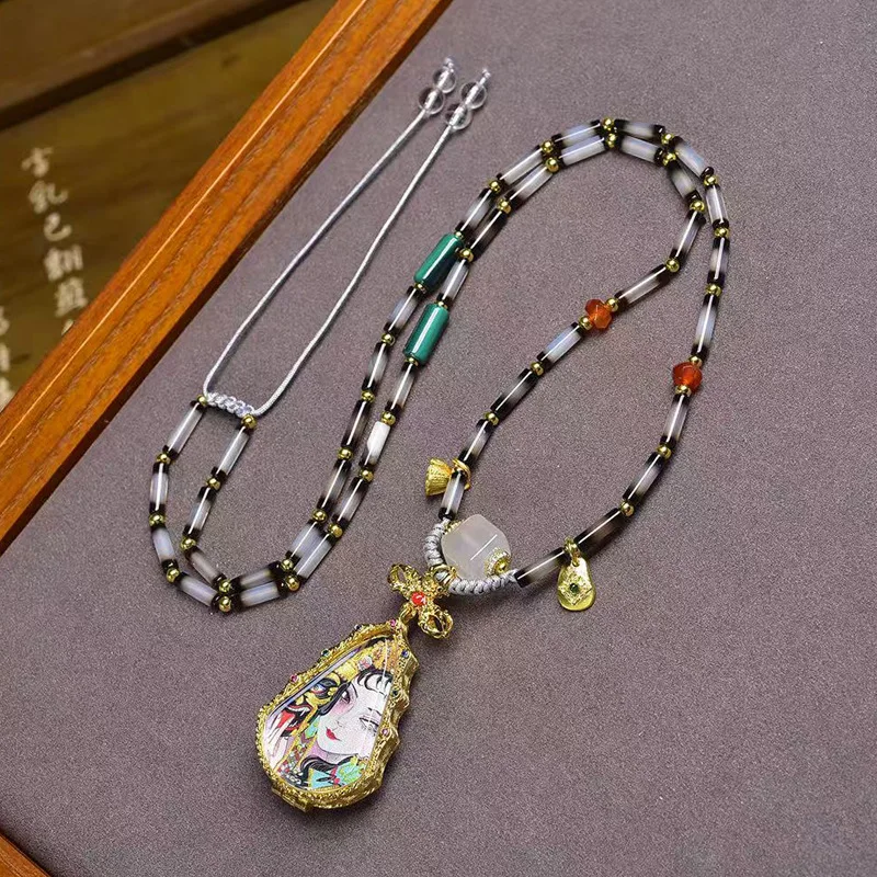 

Natural Agate Necklace Adjustable Zakiram Past And Present Life Small Thangka Pendant Sweater Chain