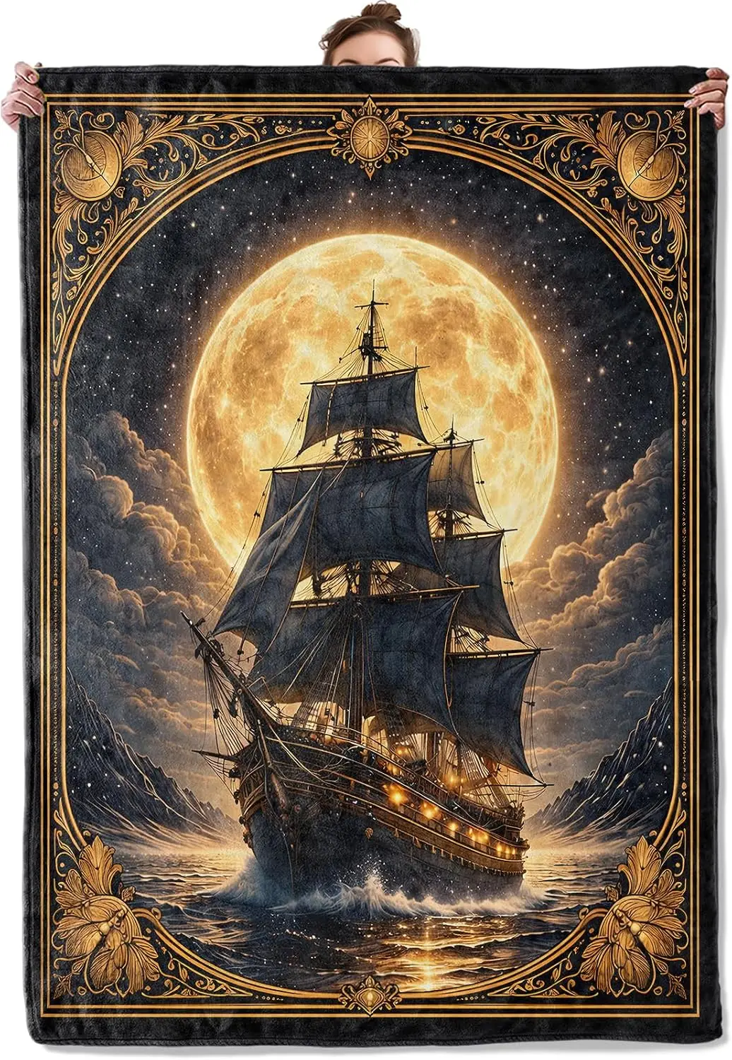 Vintage Golden Frame Sailboat Night Ocean Scenery Art Pattern Soft Blanket Fit Living Room Bed Travel Multi-scene Home Daily Use