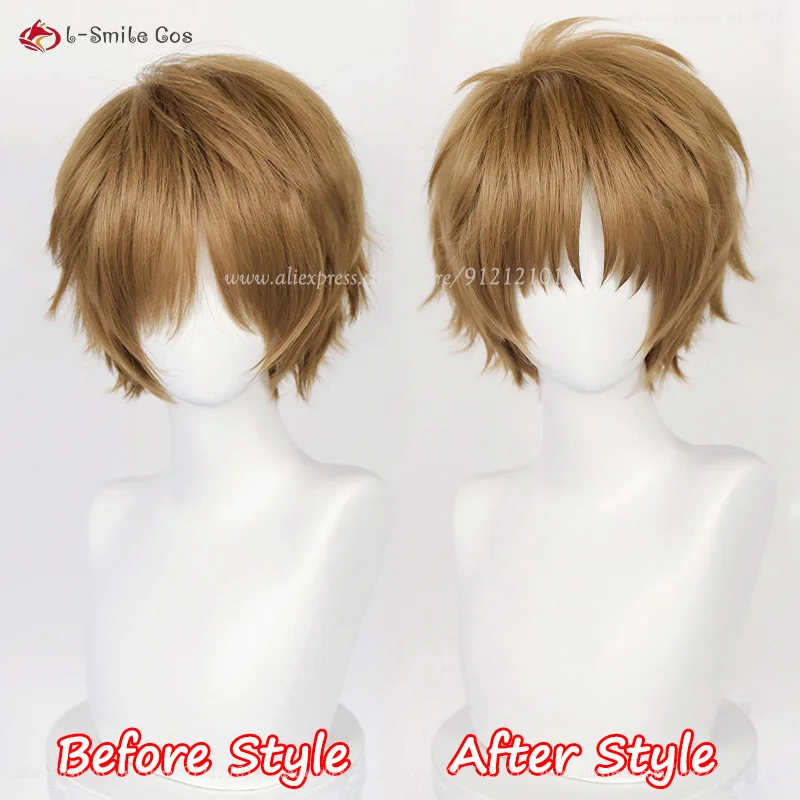 Anime Syaoran Li Cosplay Wig Short 30cm Yellow Brown Wigs Heat Resistant Synthetic Hair Halloween Costume Wig + Wig Cap