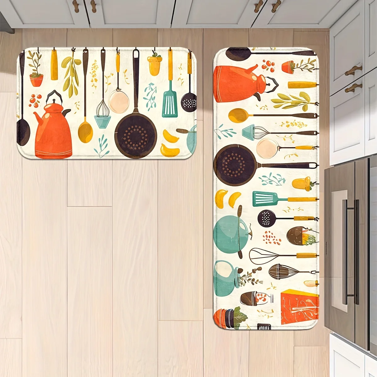 Kitchen Utensil Pattern Bath Mat Set - Fun Cooking Tools Design for Bathroom or Kitchen Area