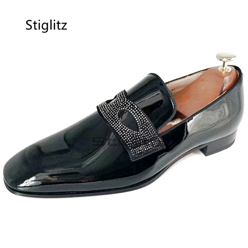 

Rhinestone Patent Leather Men's Shoes Black Loafers High Quality British Style Flat Square Toe Wedding Office Formal Shoes