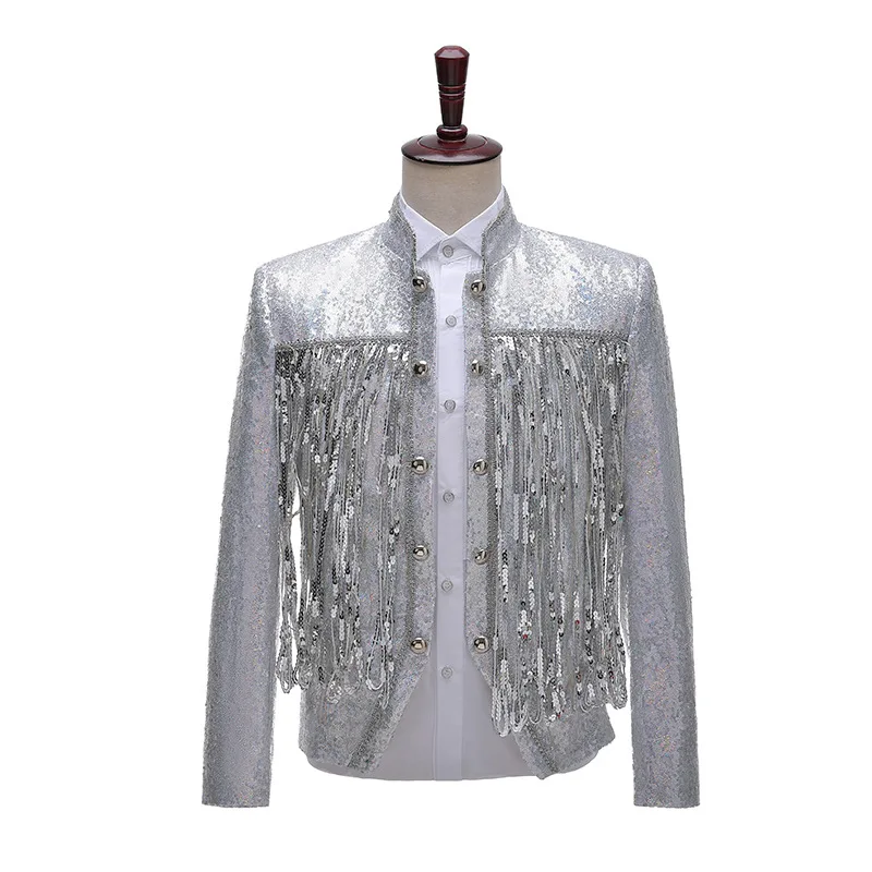 

2026 Fashion Handsome Silver Sequin Tassel Small Blazer for Men,Banquet/Party/Nighttime Singer/DJ /Stage Performance Mens Jacket