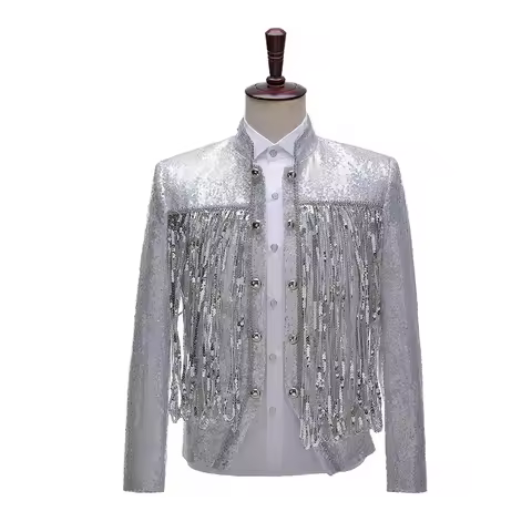 2026 Fashion Handsome Silver Sequin Tassel Small Blazer for Men,Banquet/Party/Nighttime Singer/DJ /Stage Performance Mens Jacket
