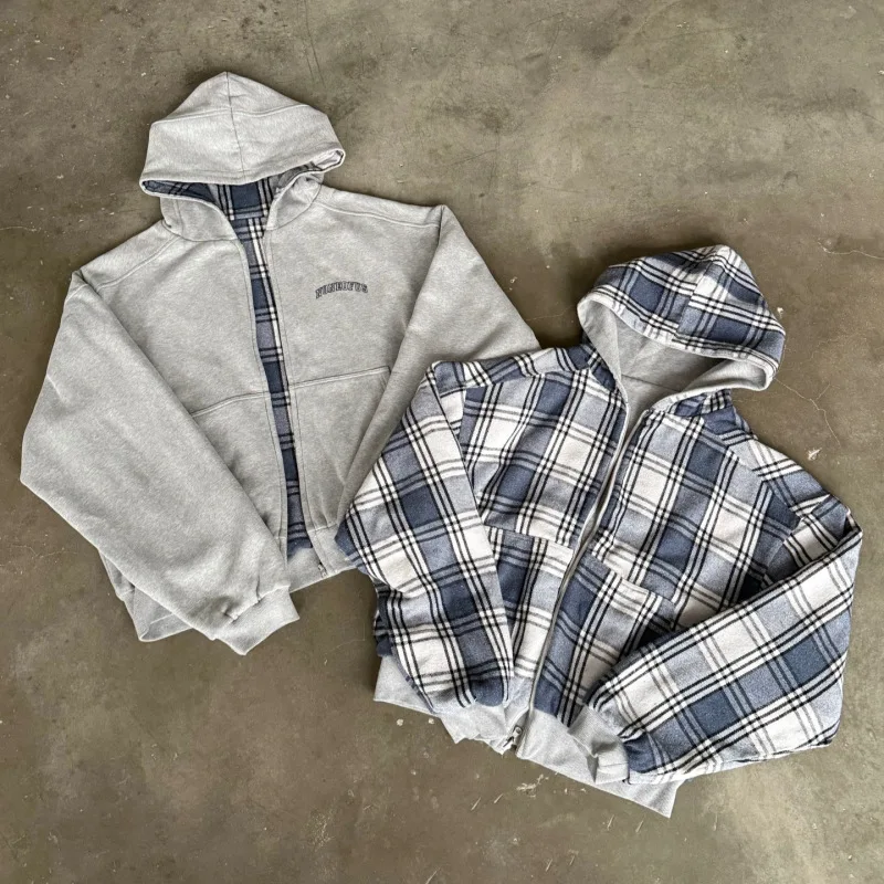 Double sided plaid front and back zipper hooded sweatshirt, loose double-sided hooded jacket, unisex