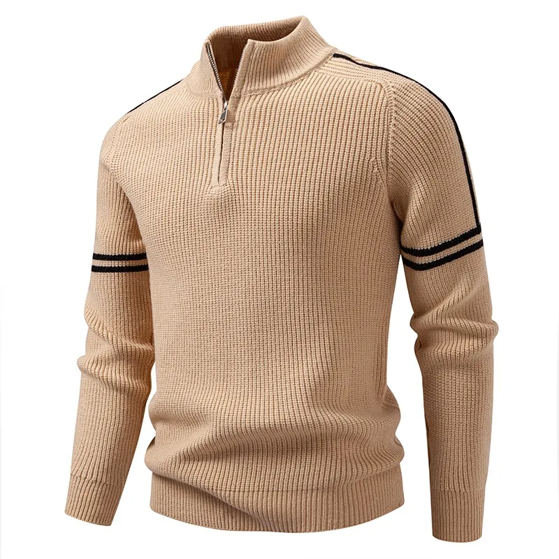 Men's Khaki Waffle Knit Half Zip Mock Neck Pullover With Arm Stripes Long Sleeve Slim Fit Sweater For Men Autumn Winter Casual
