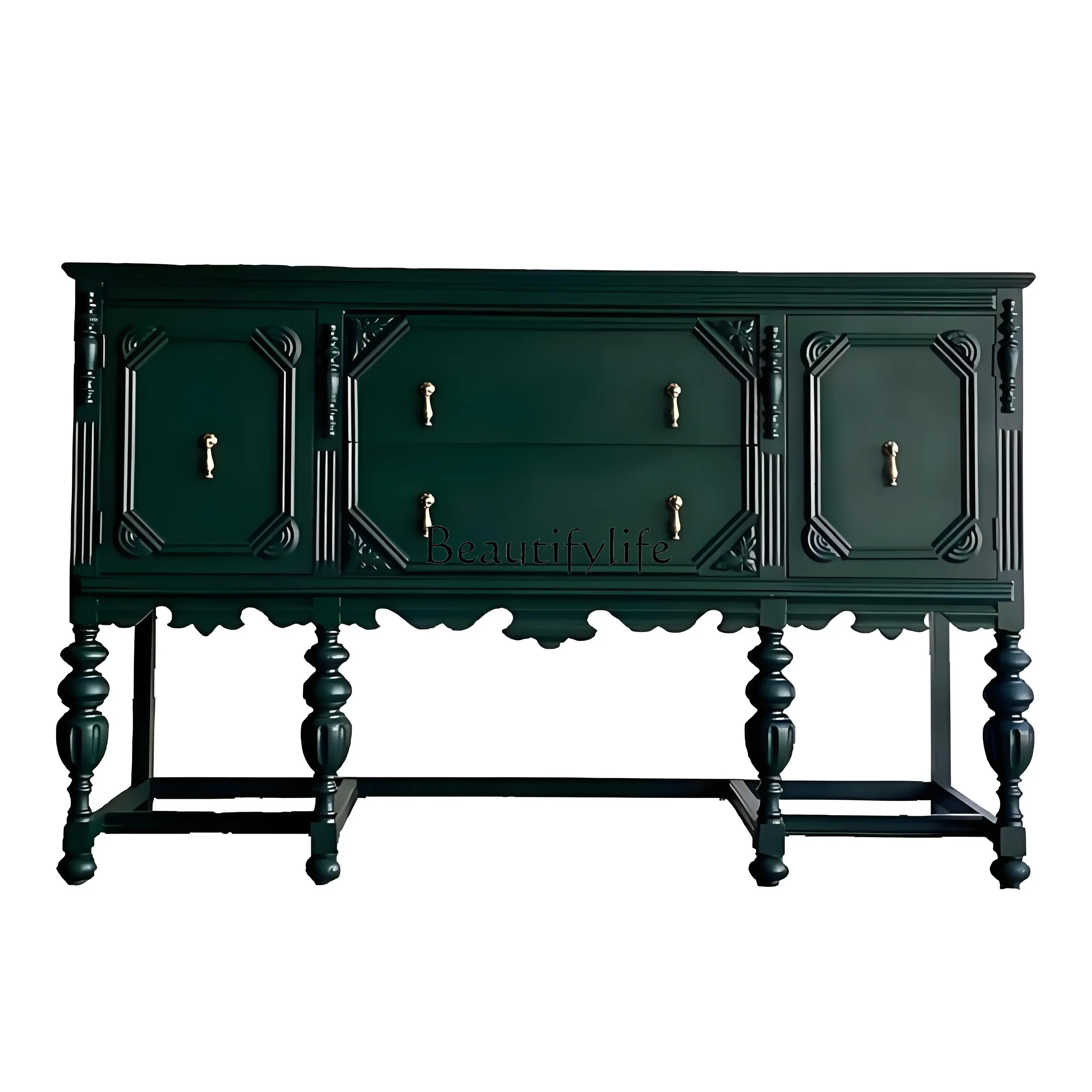 

yj5 American Country Style Solid Wood Vintage Distressed Sideboard French Living Room Natural Wood Carved Entryway Cabinet