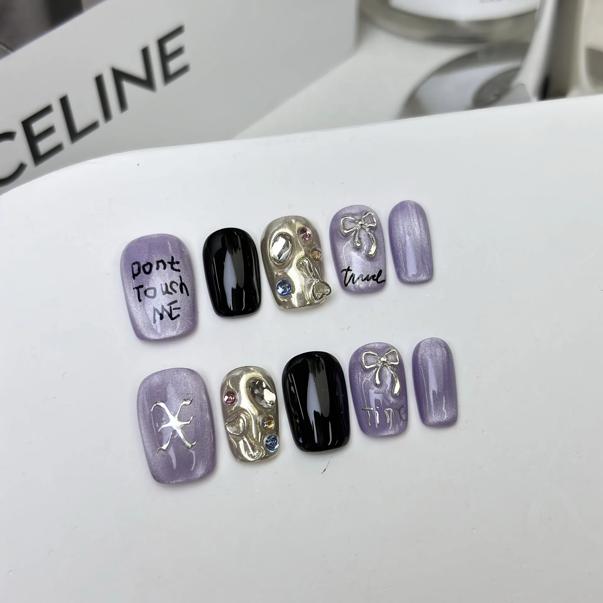 10 Uds. De uñas postizas hechas a mano con lazo púrpura, puntas de uñas de cobertura completa metálicas desnudas para mujeres y niñas, arte de uñas postizas desmontable